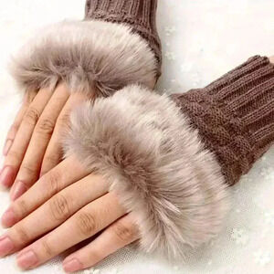 Women's Brown Fur Plush Knit Fingerless Gloves